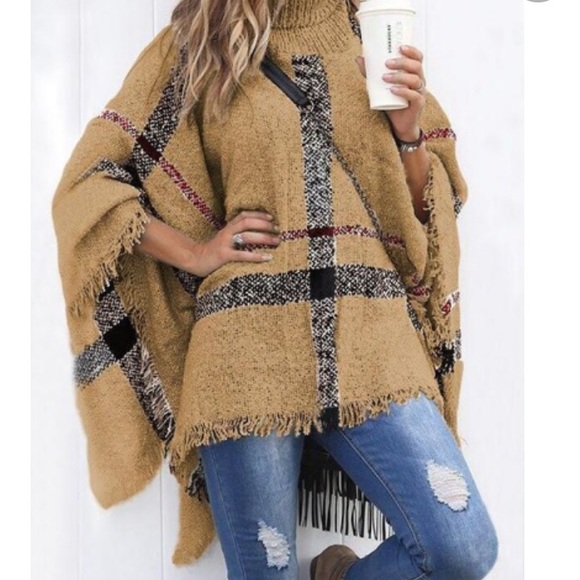 ❣️SALE❣️NEW!Fashion plaid poncho turtleneck in camel plaid - Picture 12 of 12